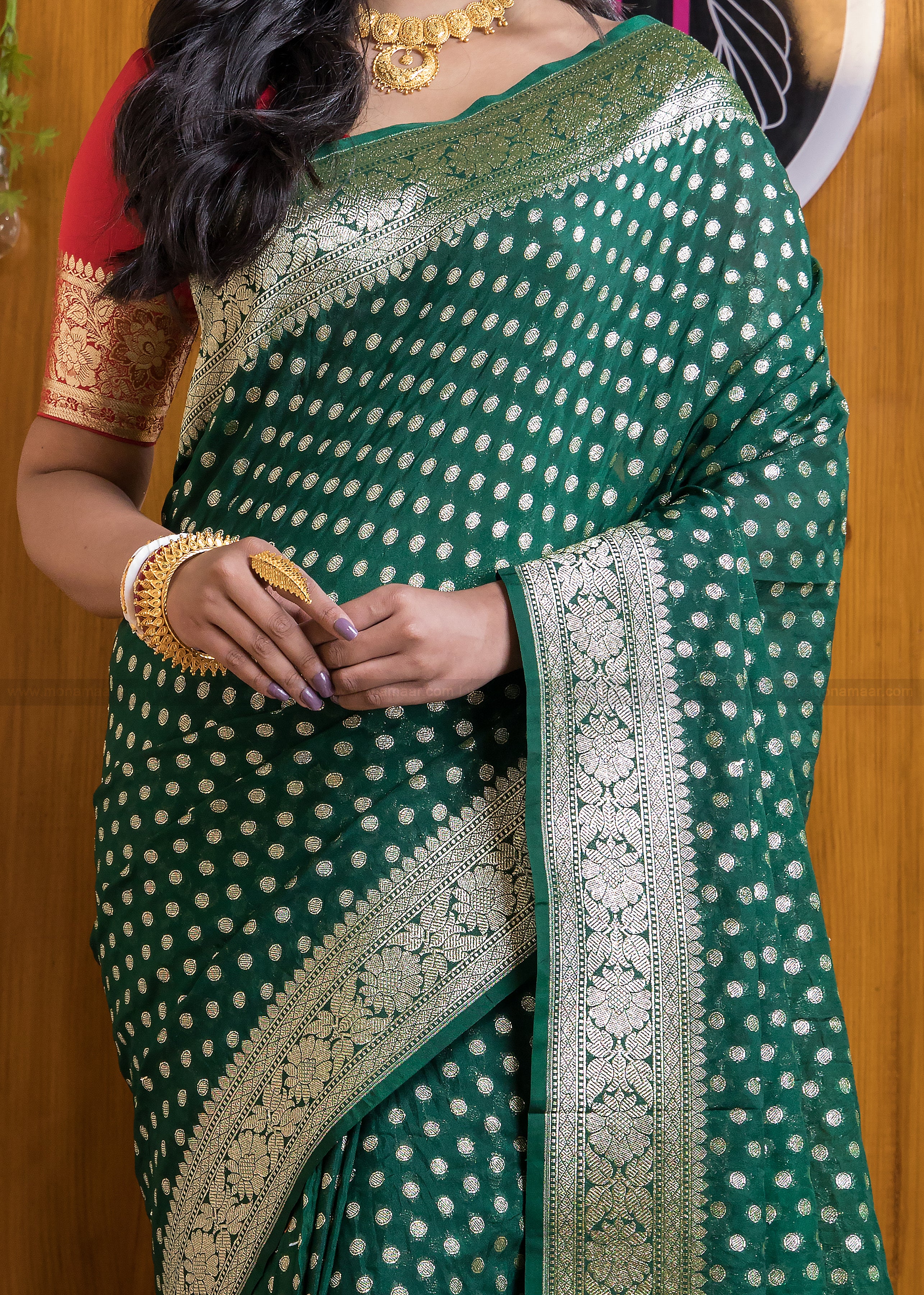 Worldly Green Banarasi Semi Katan Silk Saree - Image 3