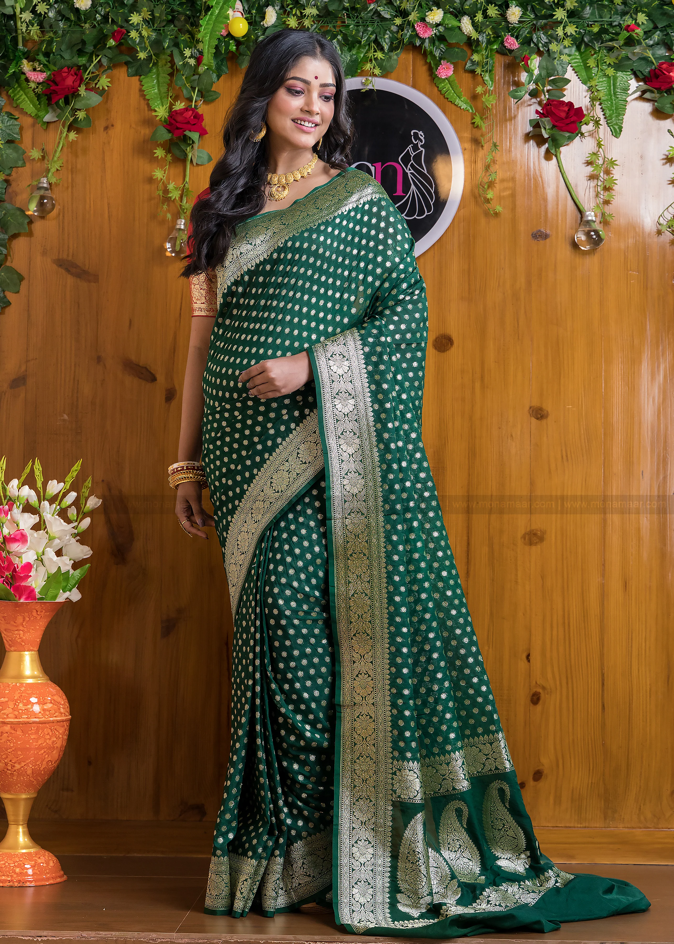 Worldly Green Banarasi Semi Katan Silk Saree - Image 5