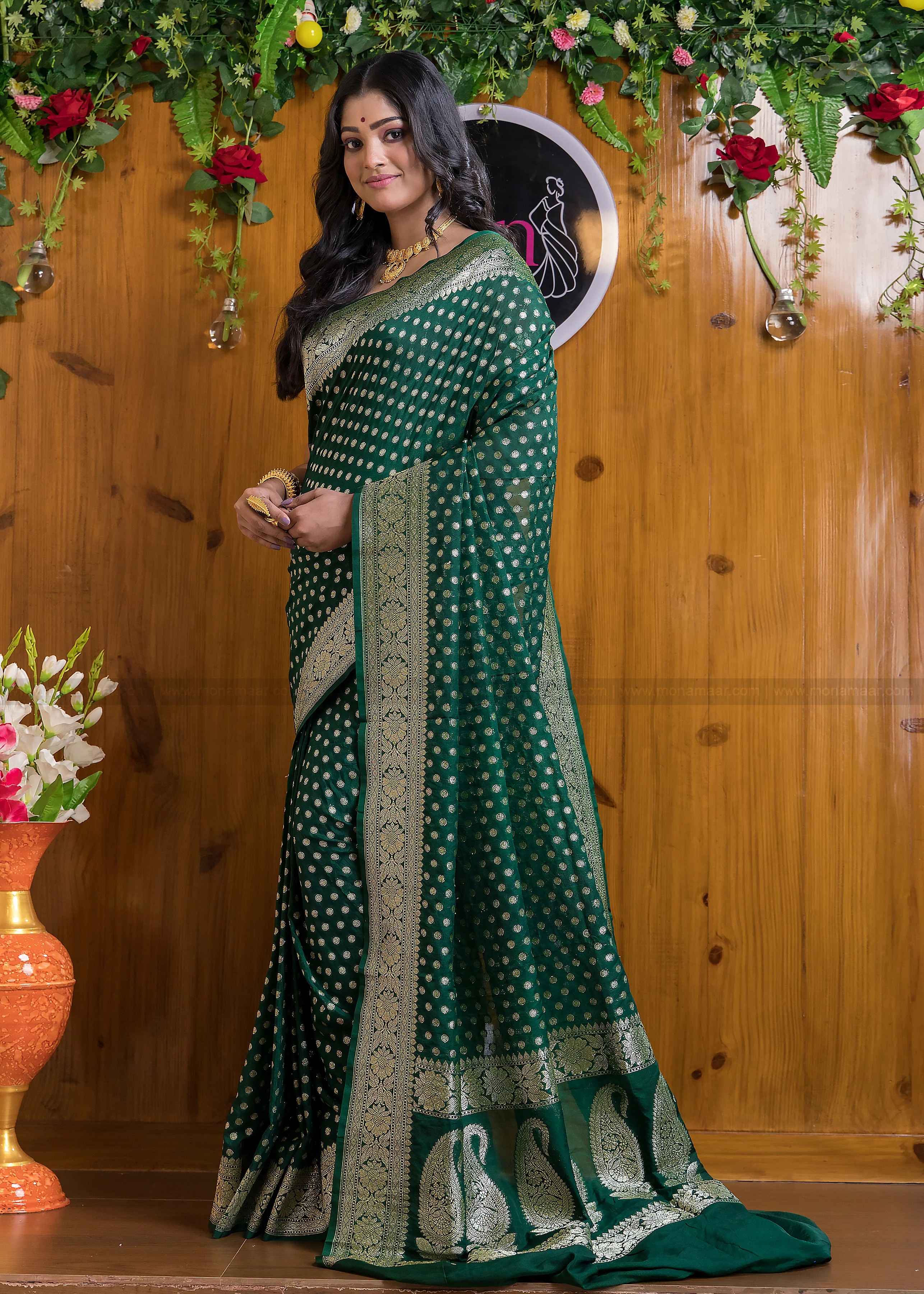 Worldly Green Banarasi Semi Katan Silk Saree - Image 6
