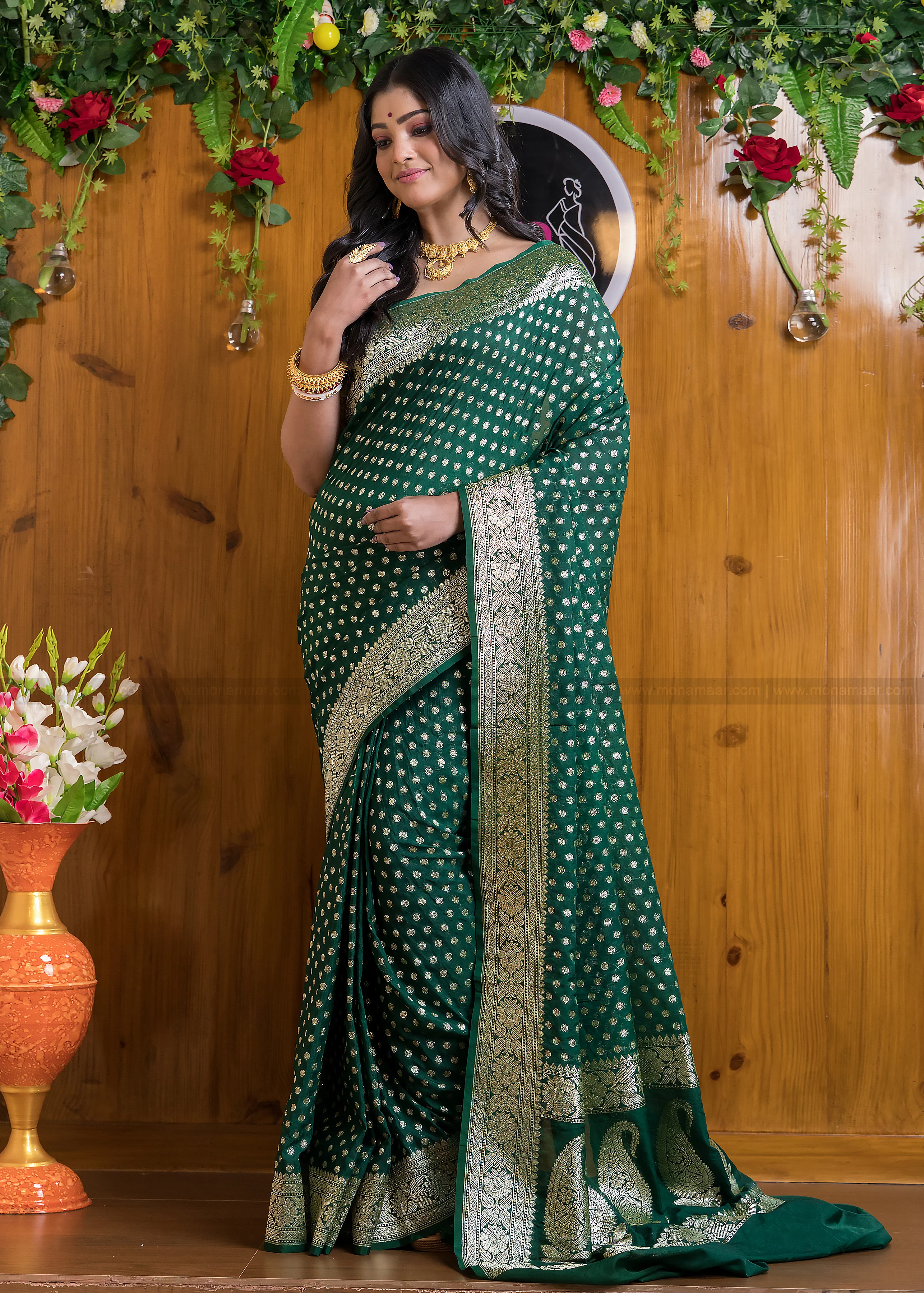 Worldly Green Banarasi Semi Katan Silk Saree - Image 7