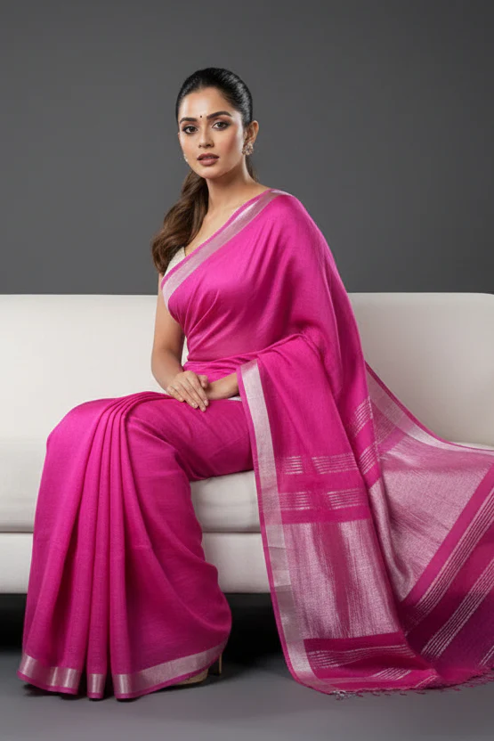 Pink Pure Handwoven Linen Saree - Image 3