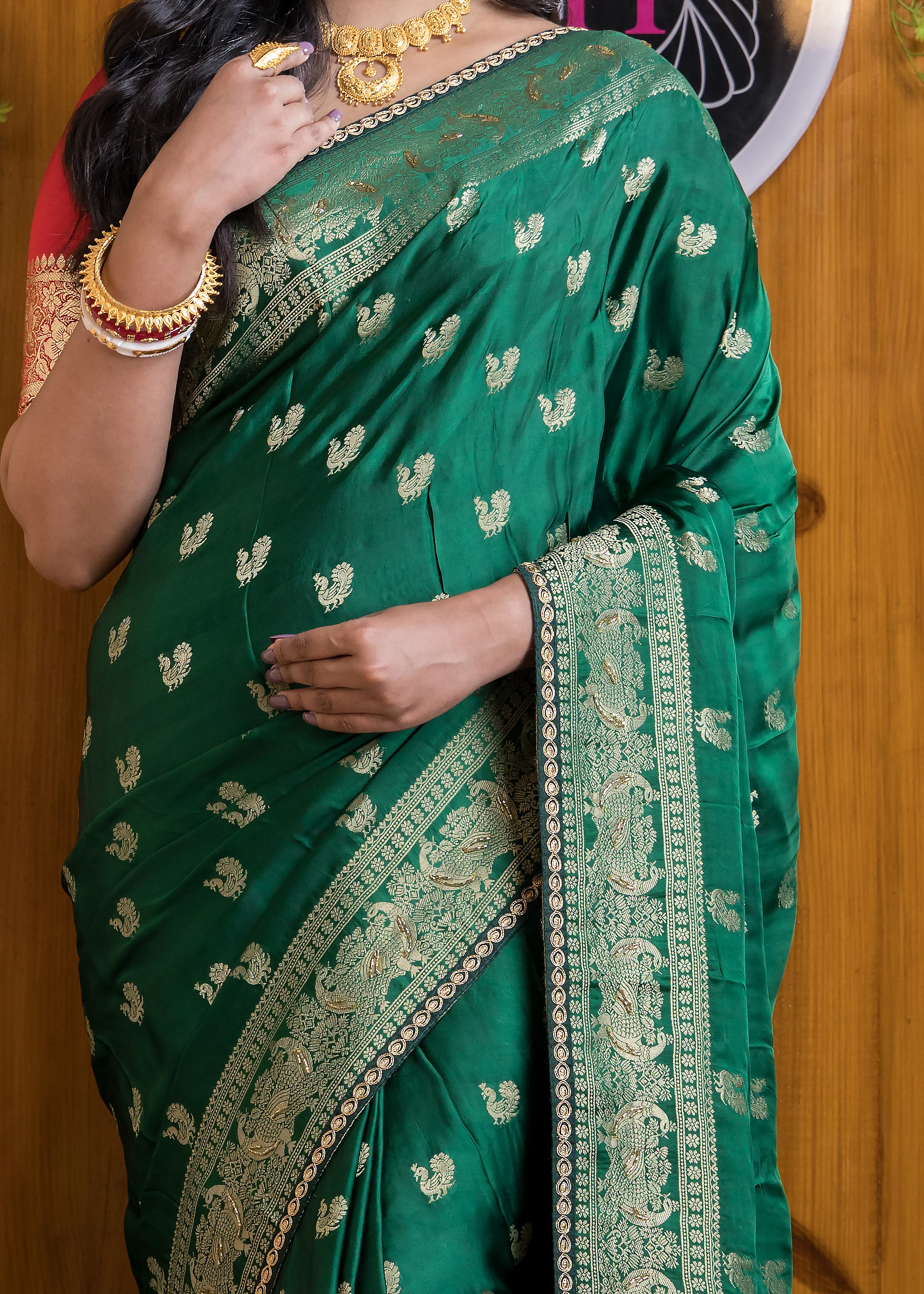 Emerald Elegance Satin Silk Banarasi Saree - Image 3