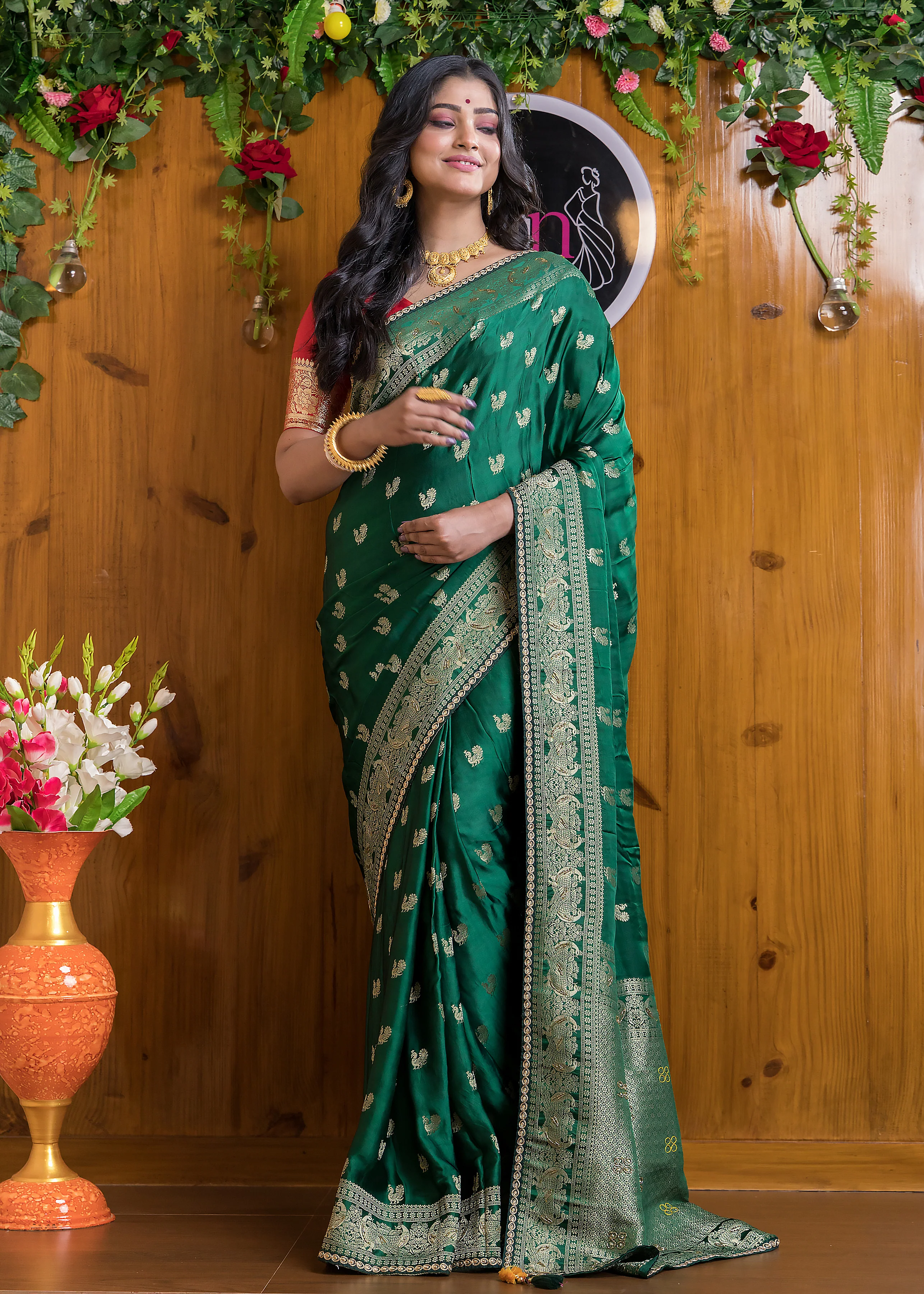 Emerald Elegance Satin Silk Banarasi Saree - Image 4