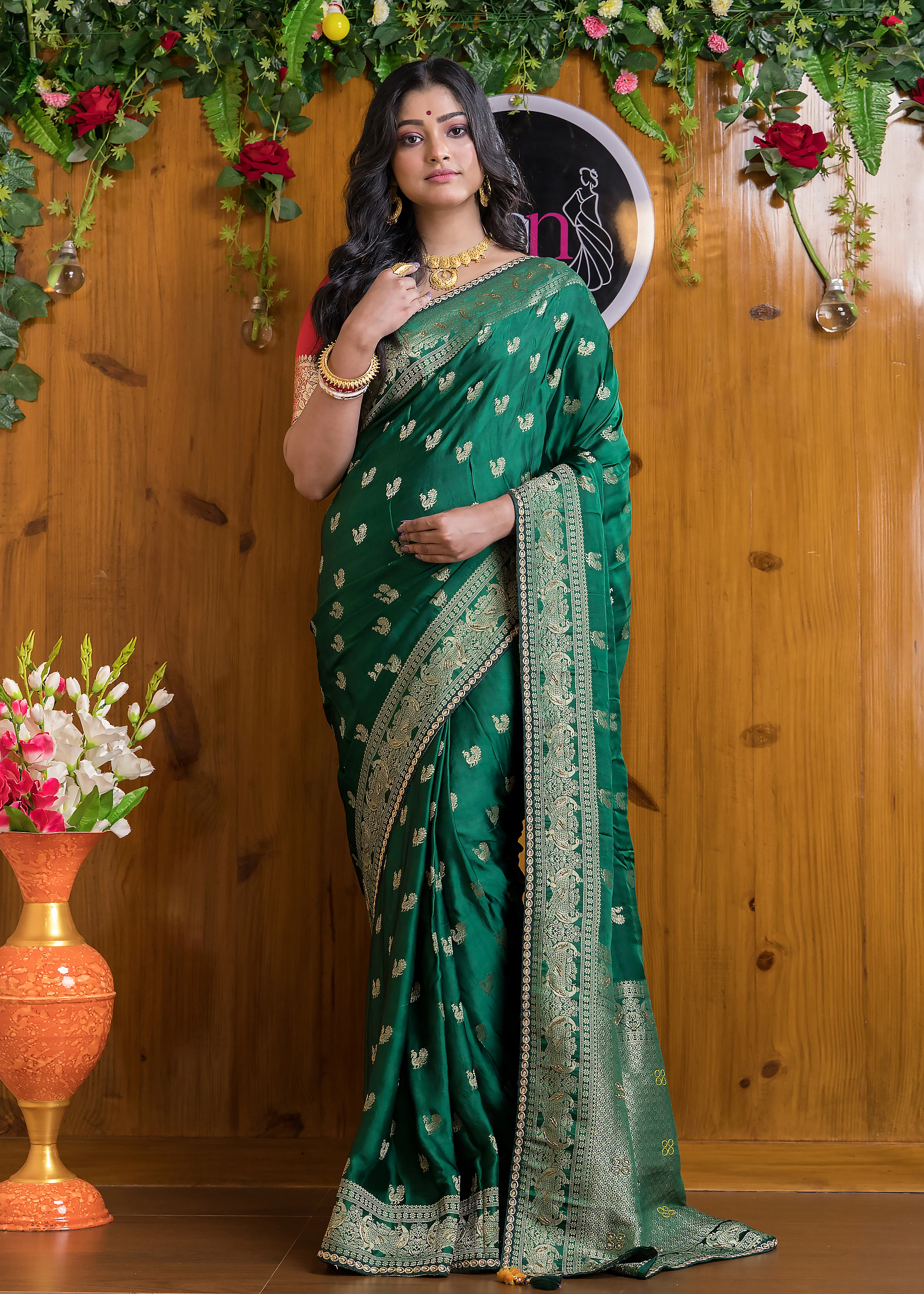 Emerald Elegance Satin Silk Banarasi Saree - Image 5