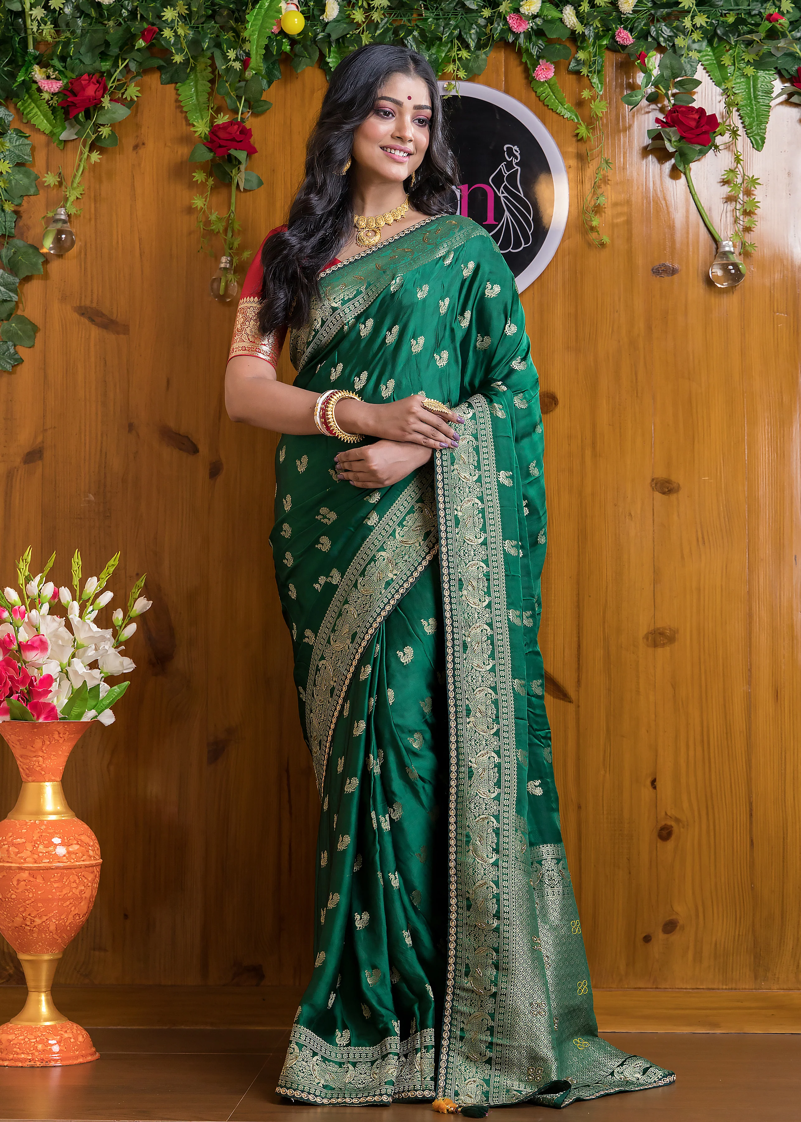 Emerald Elegance Satin Silk Banarasi Saree - Image 6