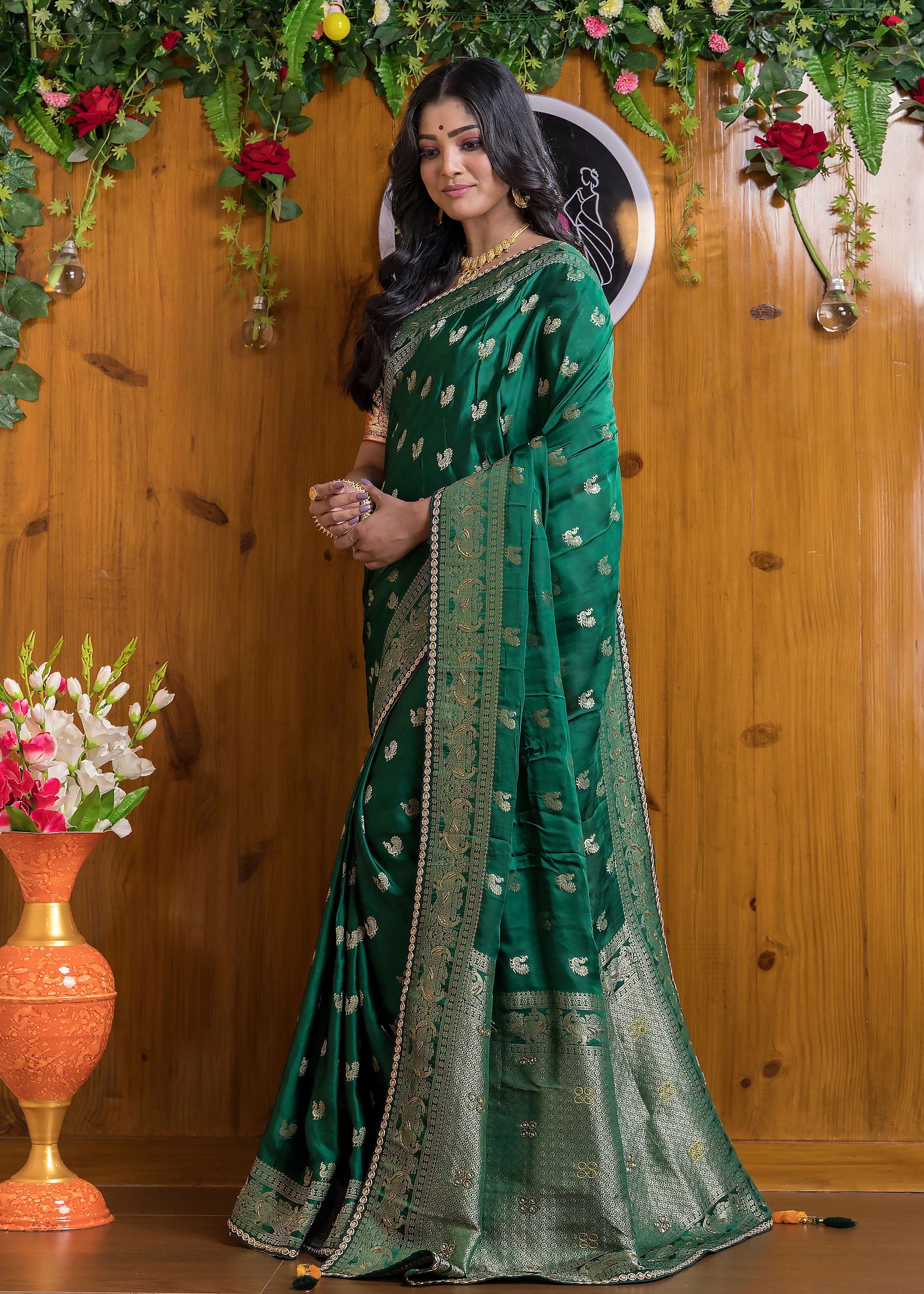 Emerald Elegance Satin Silk Banarasi Saree - Image 7