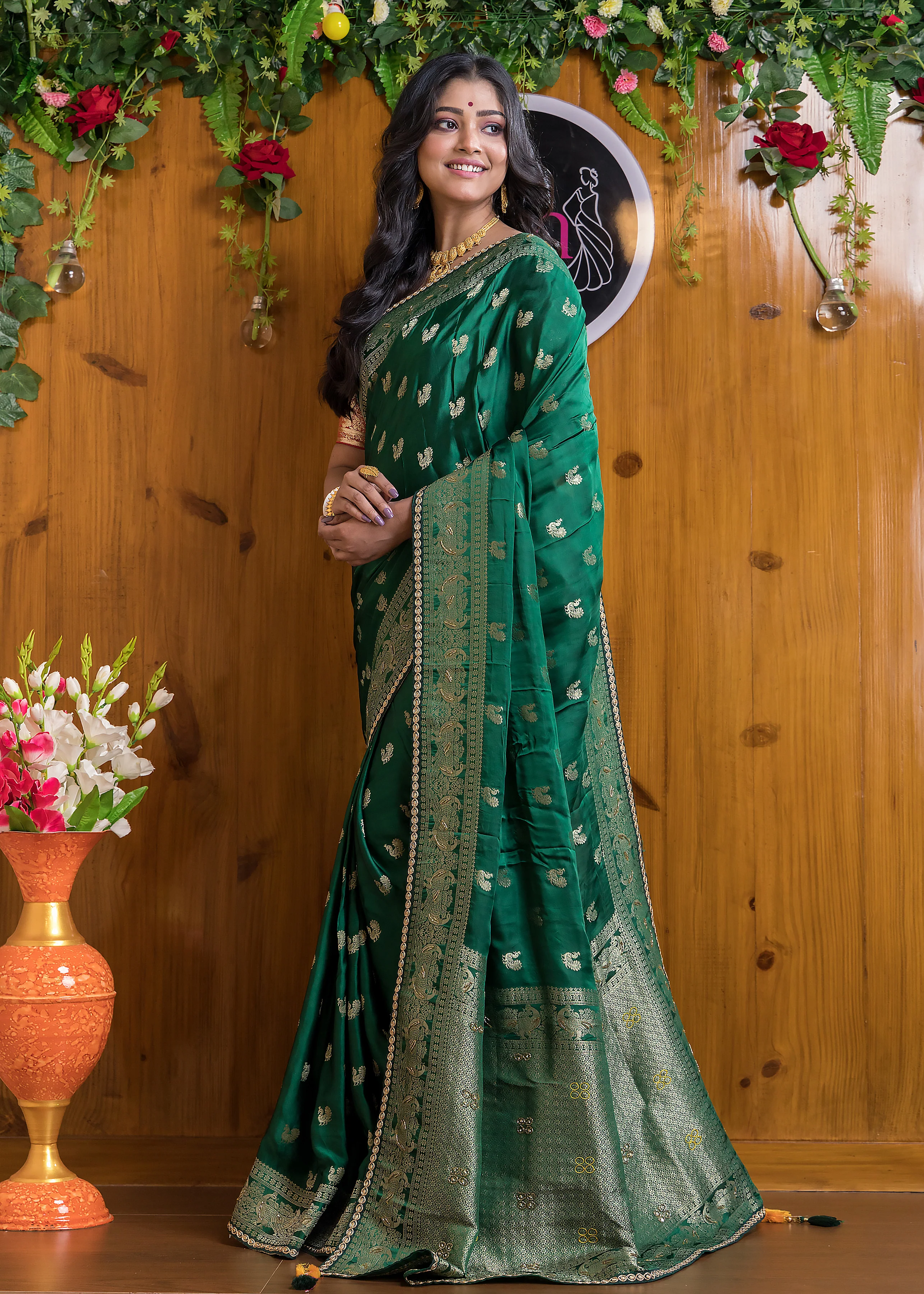 Emerald Elegance Satin Silk Banarasi Saree - Image 8