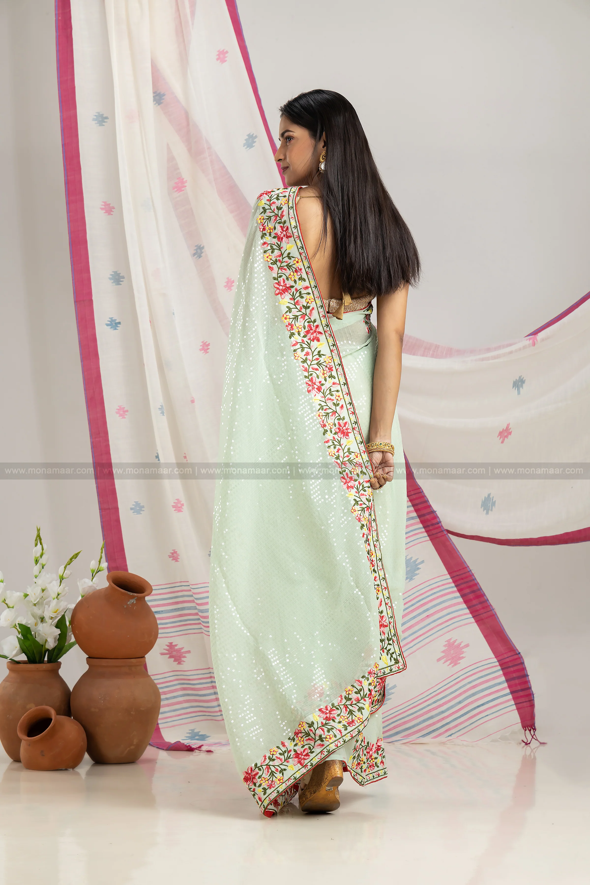 Green Sequins Designer Saree - Image 4