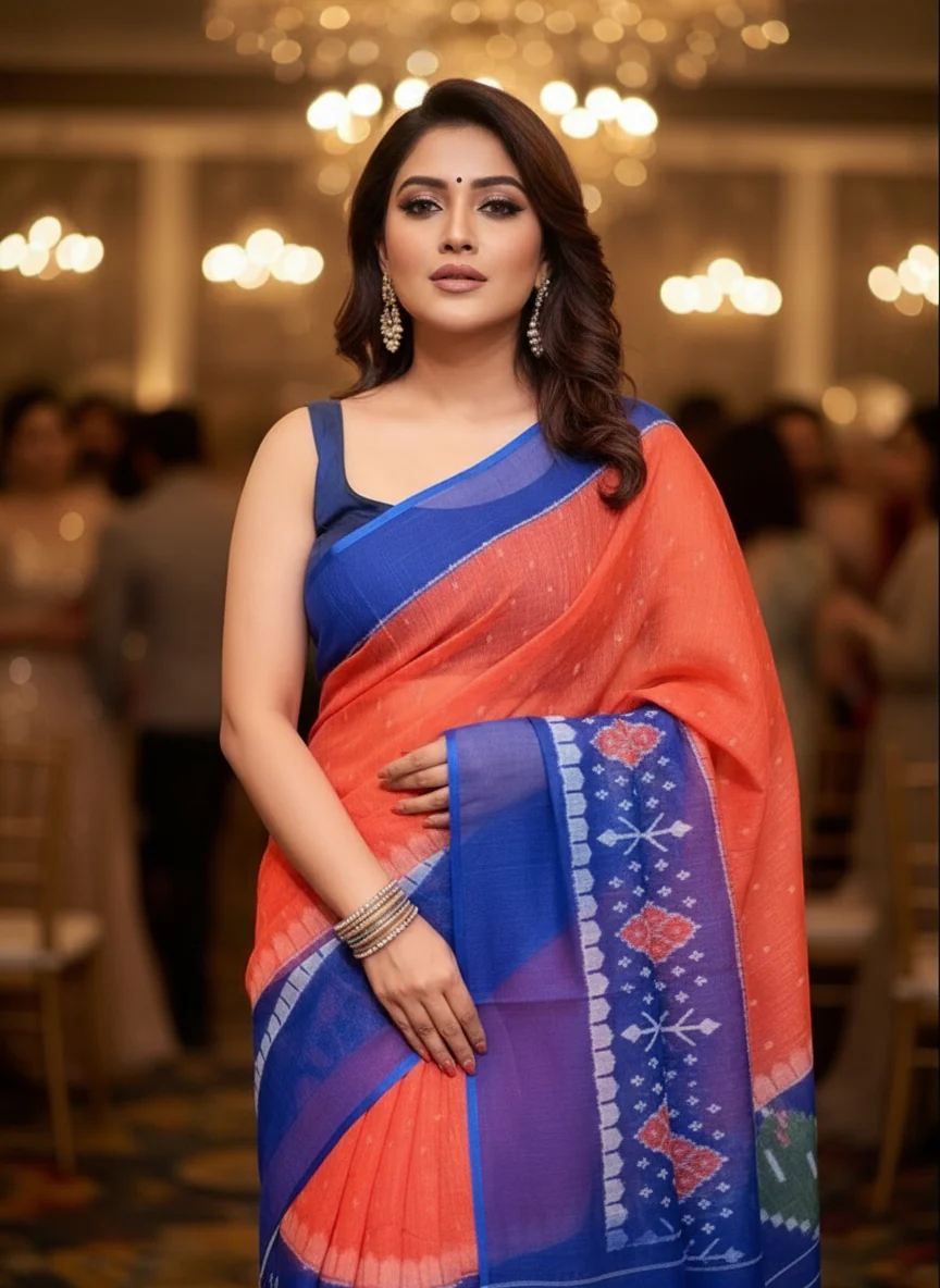 Ikkat Print Linen Saree - Image 4