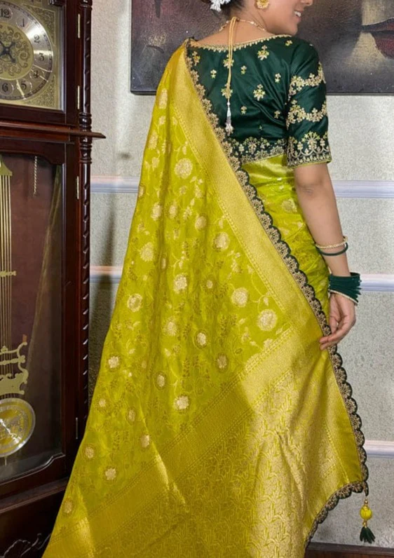 Magical Yellow Green Combination Banarasi Silk Saree - Image 11