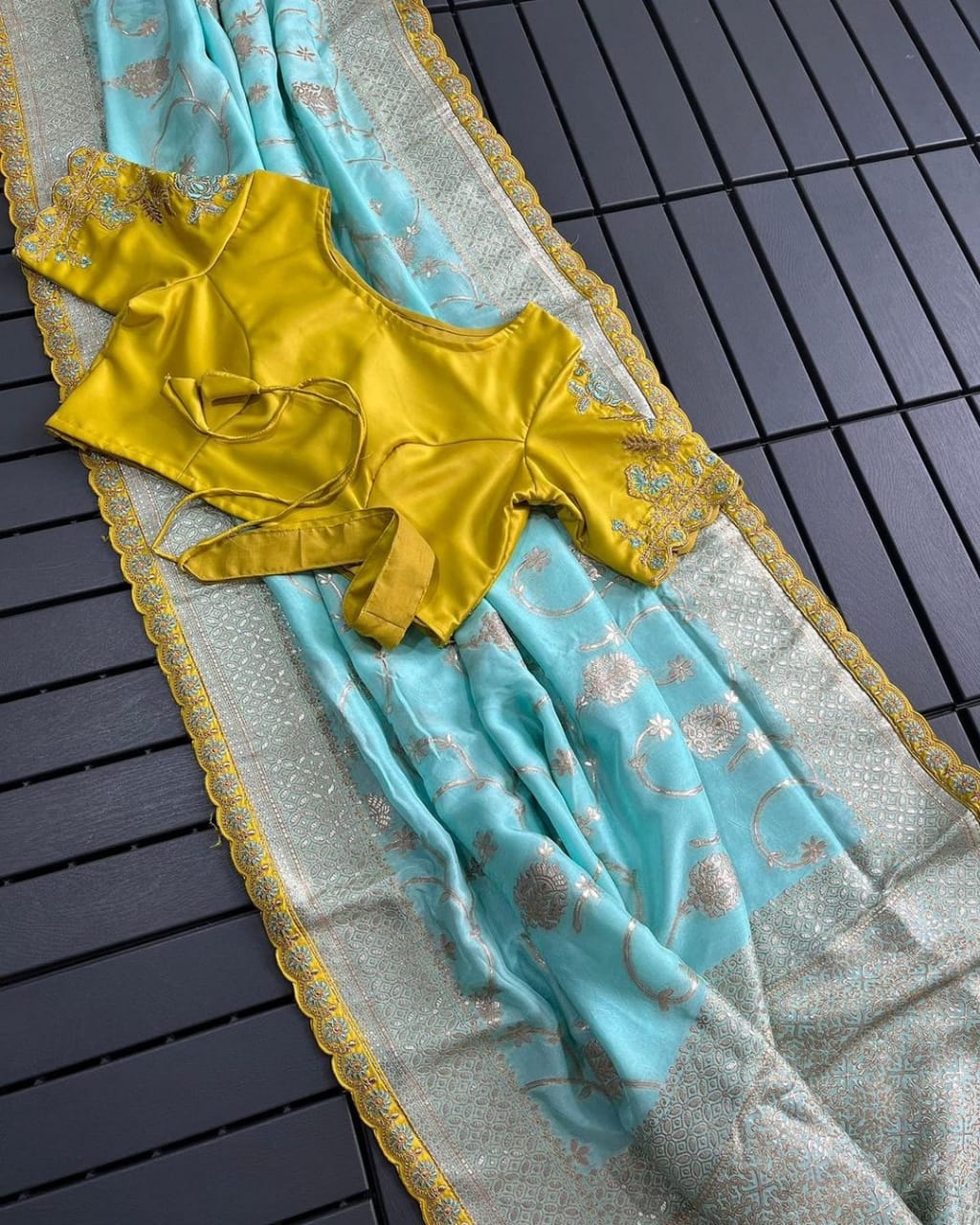 Youthful Cyan Rich Muga Silk Banarasi Saree - Image 4