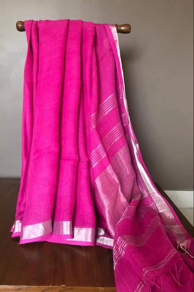 Pink Pure Handwoven Linen Saree - Image 4