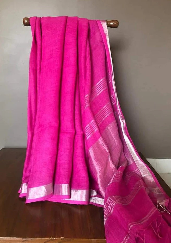 Pink Pure Handwoven Linen Saree - Image 5