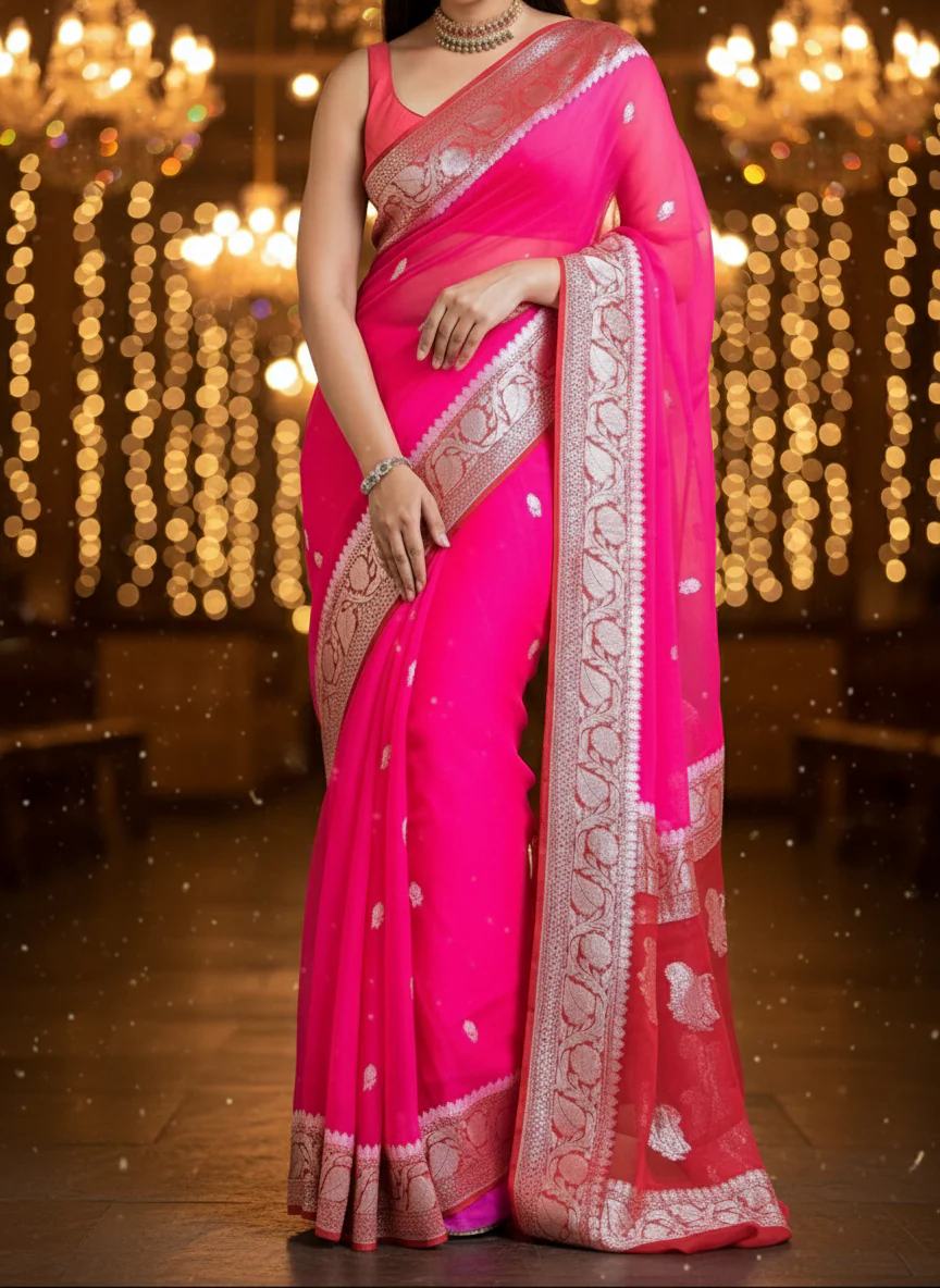 Razzmatazz Pink Khaddi Chiffon Banarasi saree - Image 6