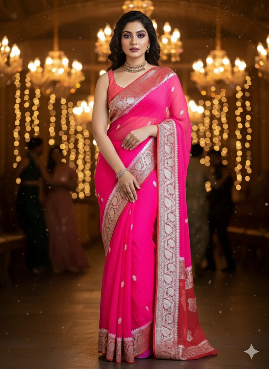 Razzmatazz Pink Khaddi Chiffon Banarasi saree - Image 7