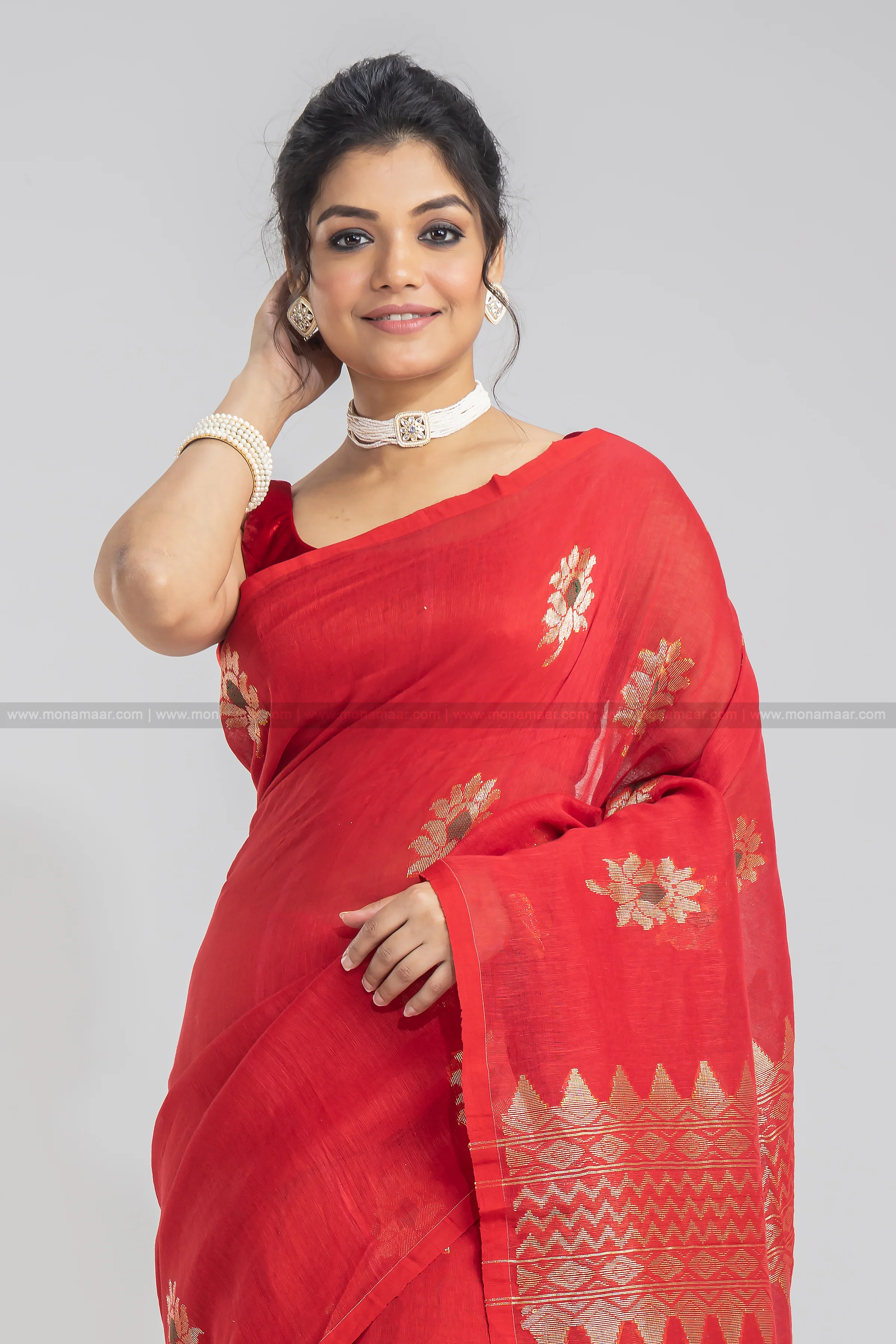 Red Linen Banarasi Saree - Image 5