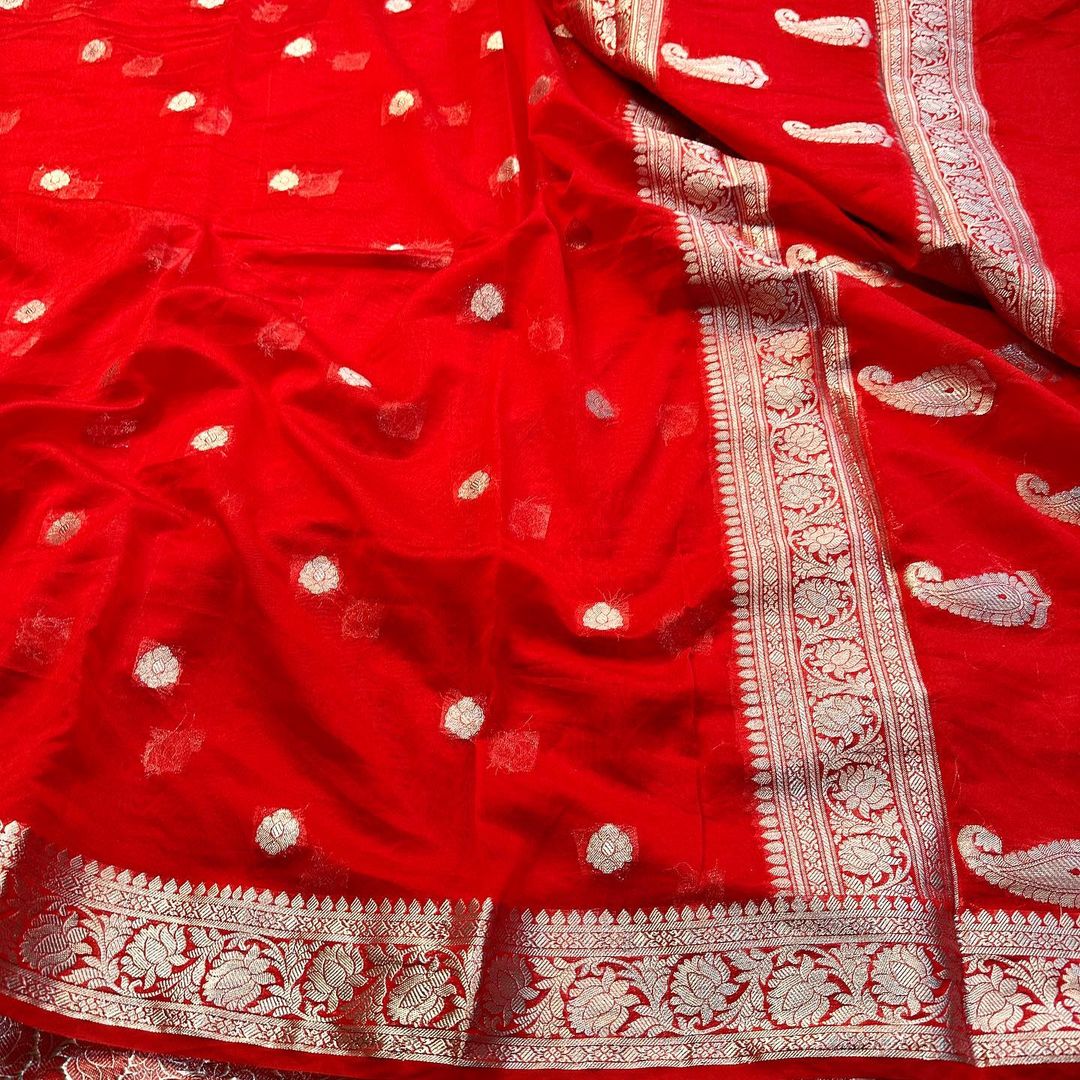 Sensible Red Semi Khaddi Georgette Banarasi Saree - Image 4