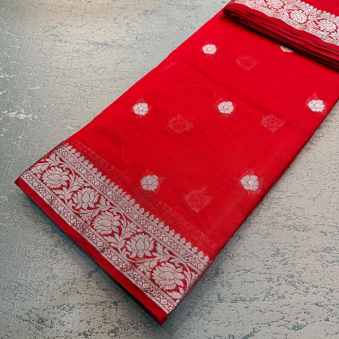 Sensible Red Semi Khaddi Georgette Banarasi Saree - Image 7